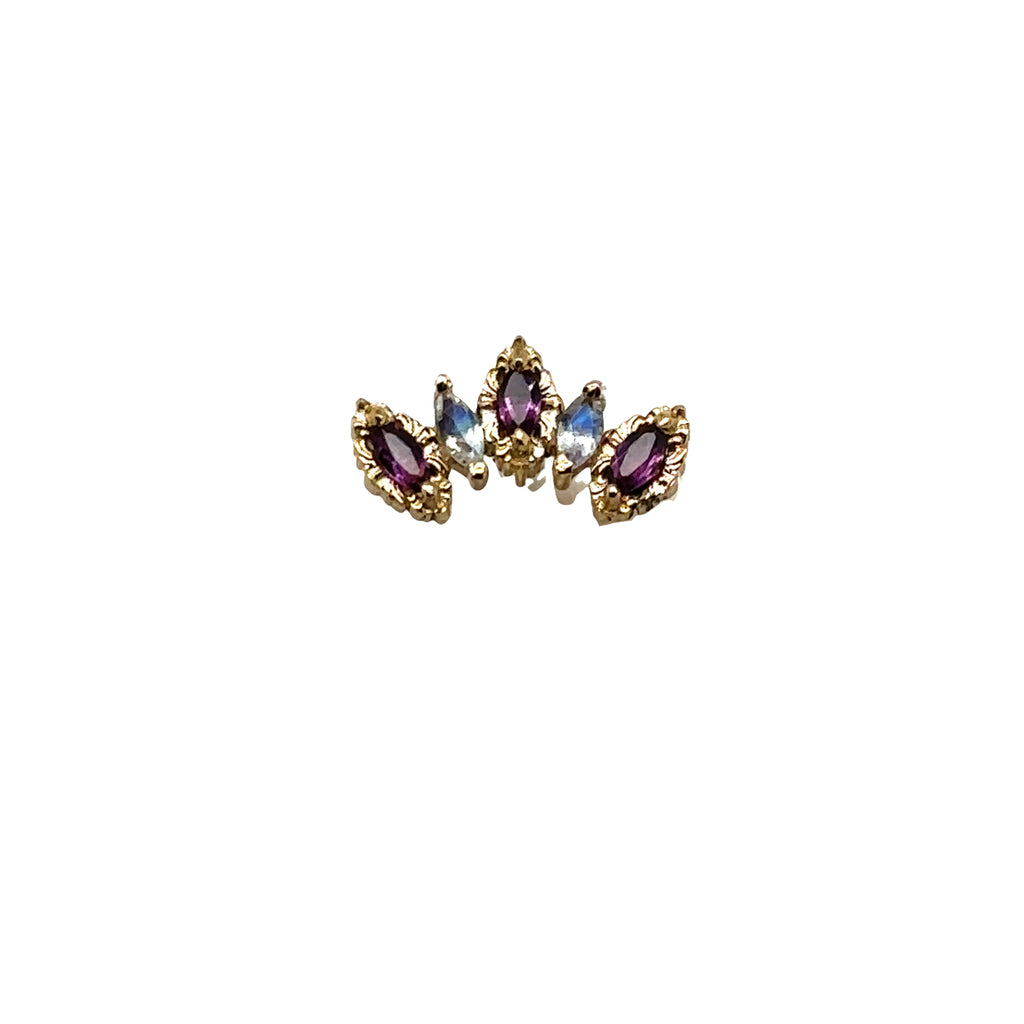 Monarchy Moonstone and Rhodolite Threadless End Auadore 14k