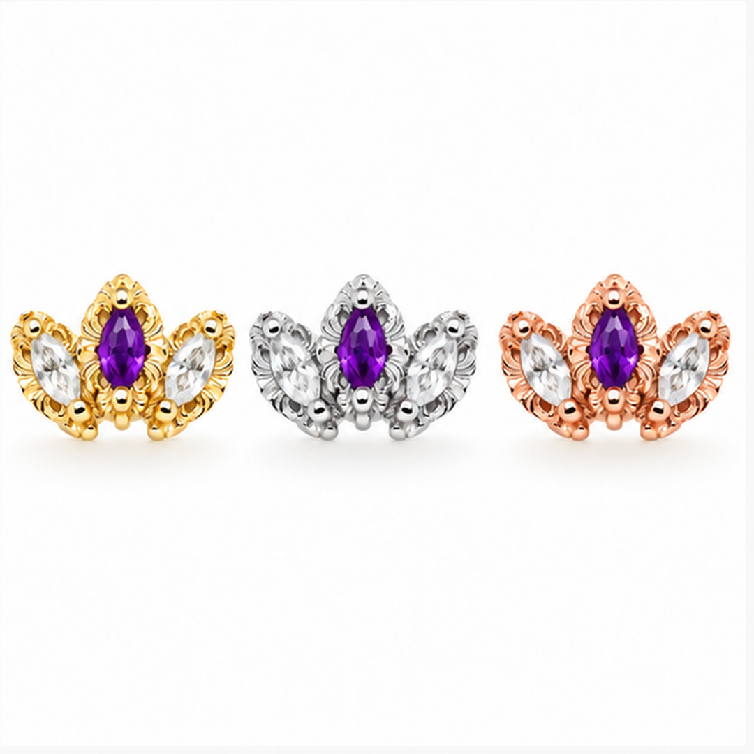AuAdore Baroque Amethyst center and Lab White Sapphire sides in yellow, white and rose gold, left to right