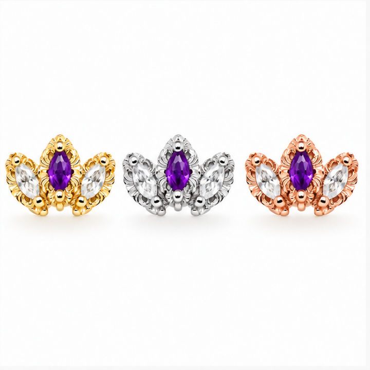 AuAdore Baroque Amethyst center and Lab White Sapphire sides in yellow, white and rose gold, left to right