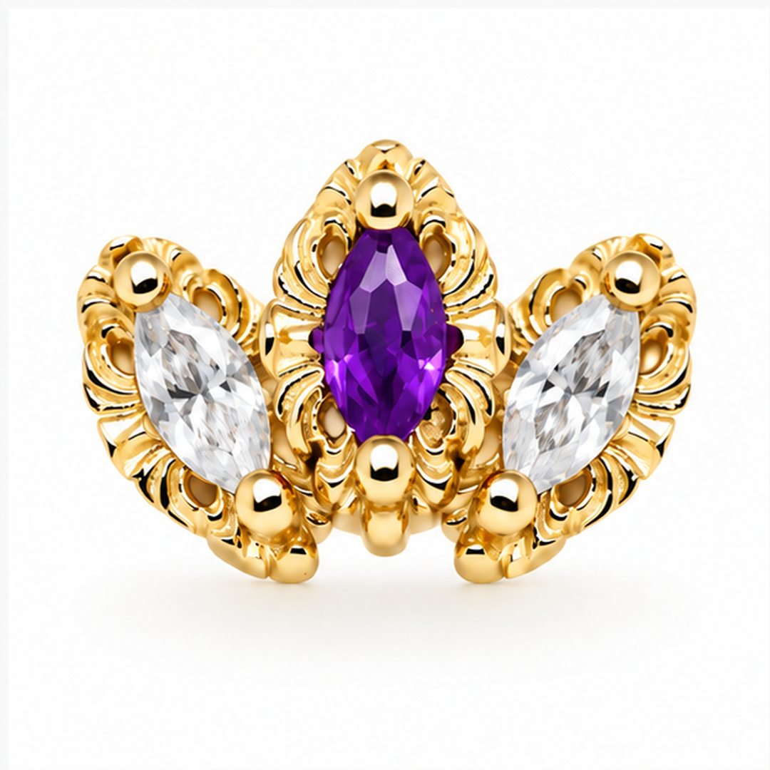 AuAdore Baroque Amethyst center and Lab White Sapphire sides in 14k yellow gold