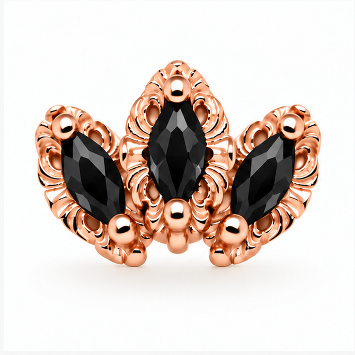 AuAdore Baroque Black Spinel threadless end in 14k rose gold with three reverse-set black spinel marquise stones