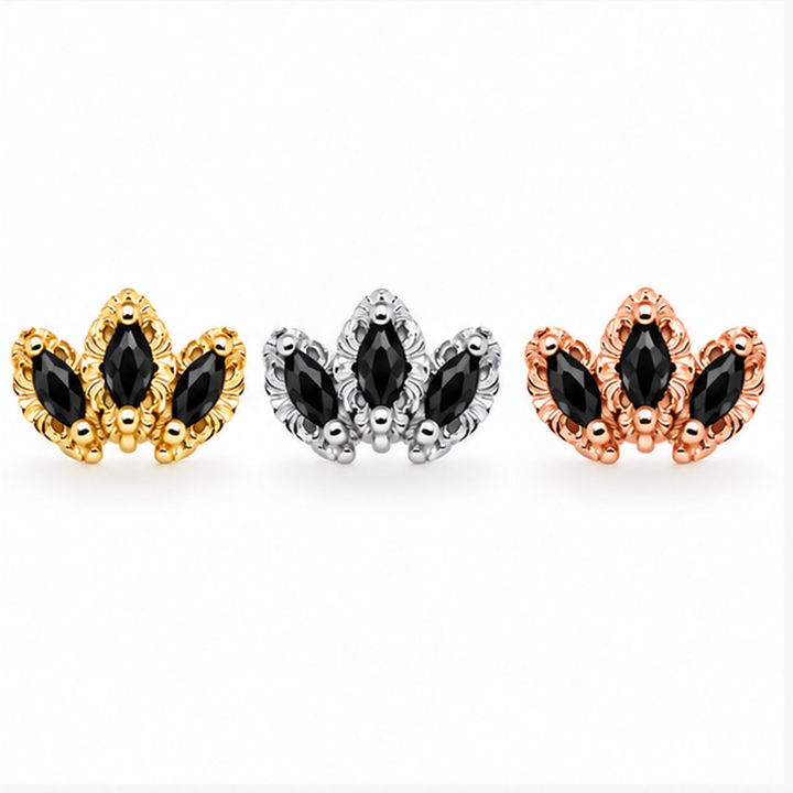 AuAdore Baroque Black Spinel threadless ends in yellow, white and rose gold, left to right