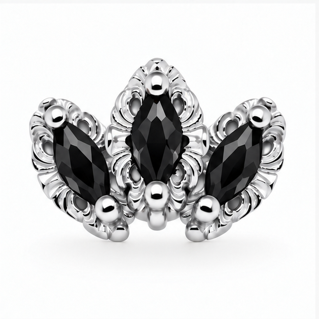 AuAdore Baroque Black Spinel threadless end in 14k white gold with three reverse-set black spinel marquise stones