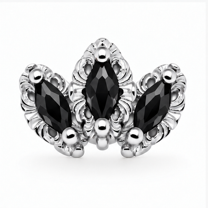 AuAdore Baroque Black Spinel threadless end in 14k white gold with three reverse-set black spinel marquise stones