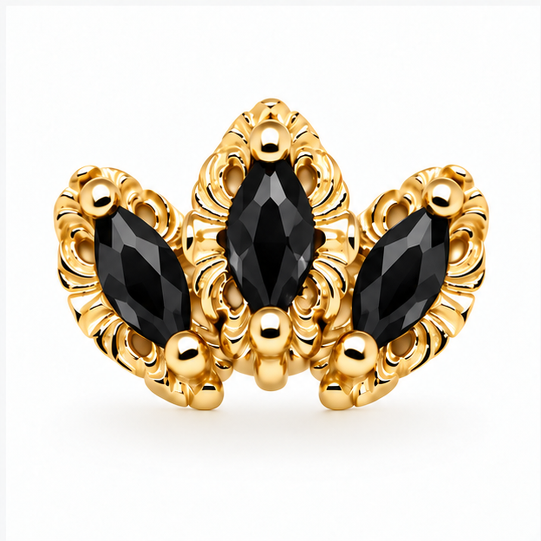 AuAdore Baroque Black Spinel threadless end in 14k yellow gold with three reverse-set black spinel marquise stones