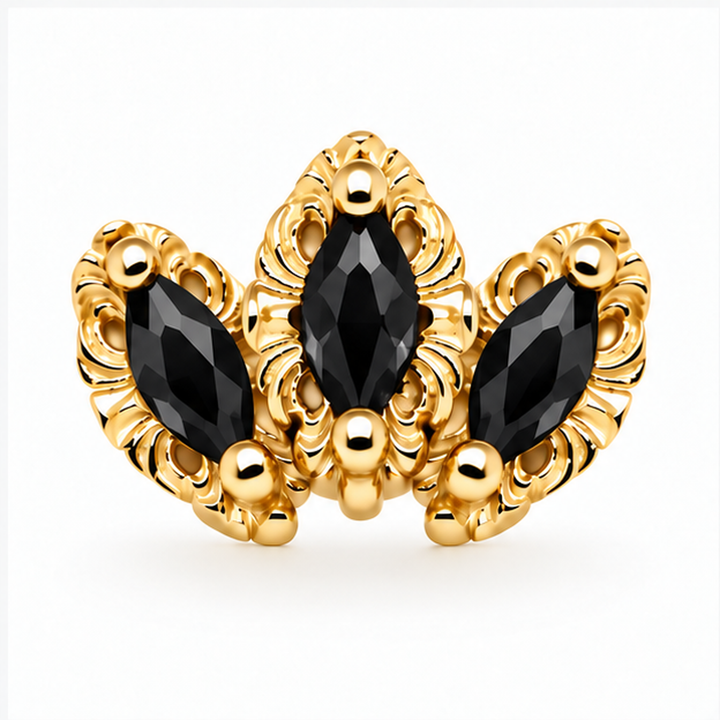 AuAdore Baroque Black Spinel threadless end in 14k yellow gold with three reverse-set black spinel marquise stones