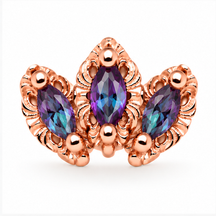 AuAdore Baroque Lab Alexandrite threadless end in 14k rose gold with three marquise lab alexandrite stones