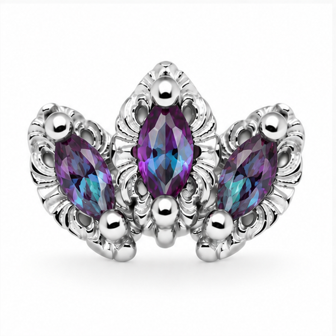 AuAdore Baroque Lab Alexandrite threadless end in 14k white gold with three marquise lab alexandrite stones