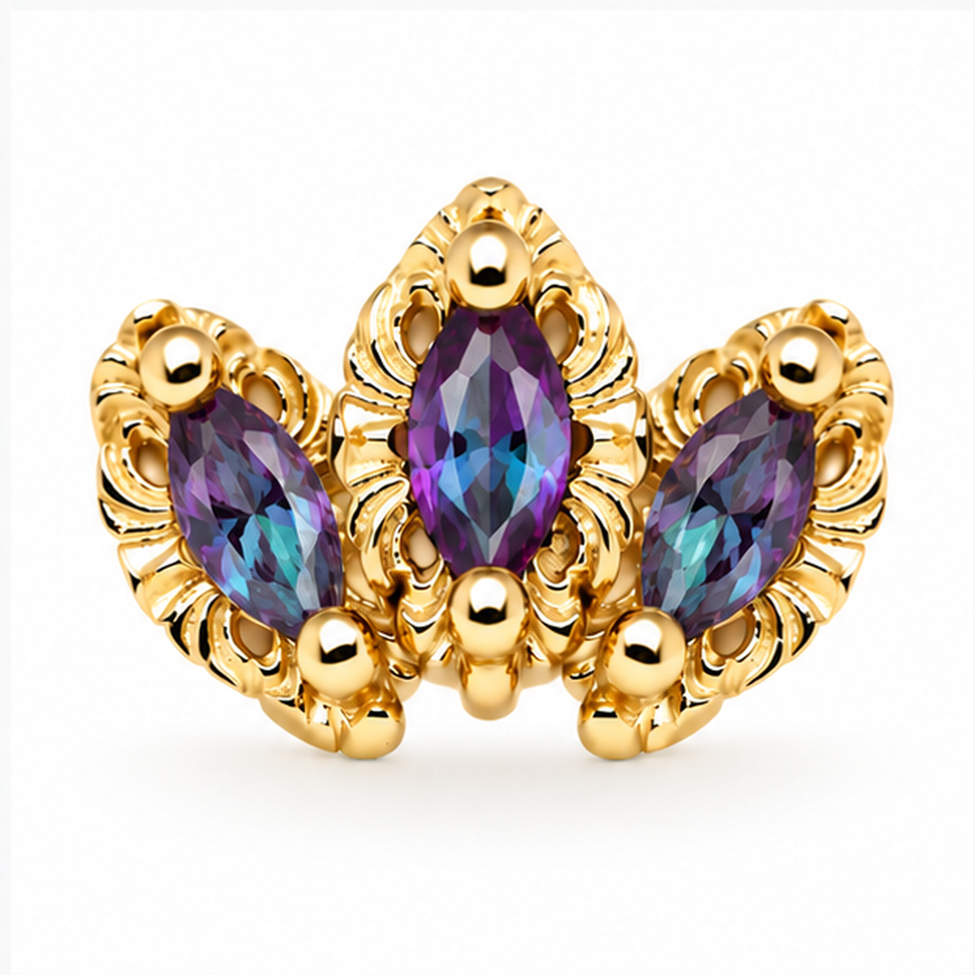 AuAdore Baroque Lab Alexandrite threadless end in 14k yellow gold with three marquise lab alexandrite stones