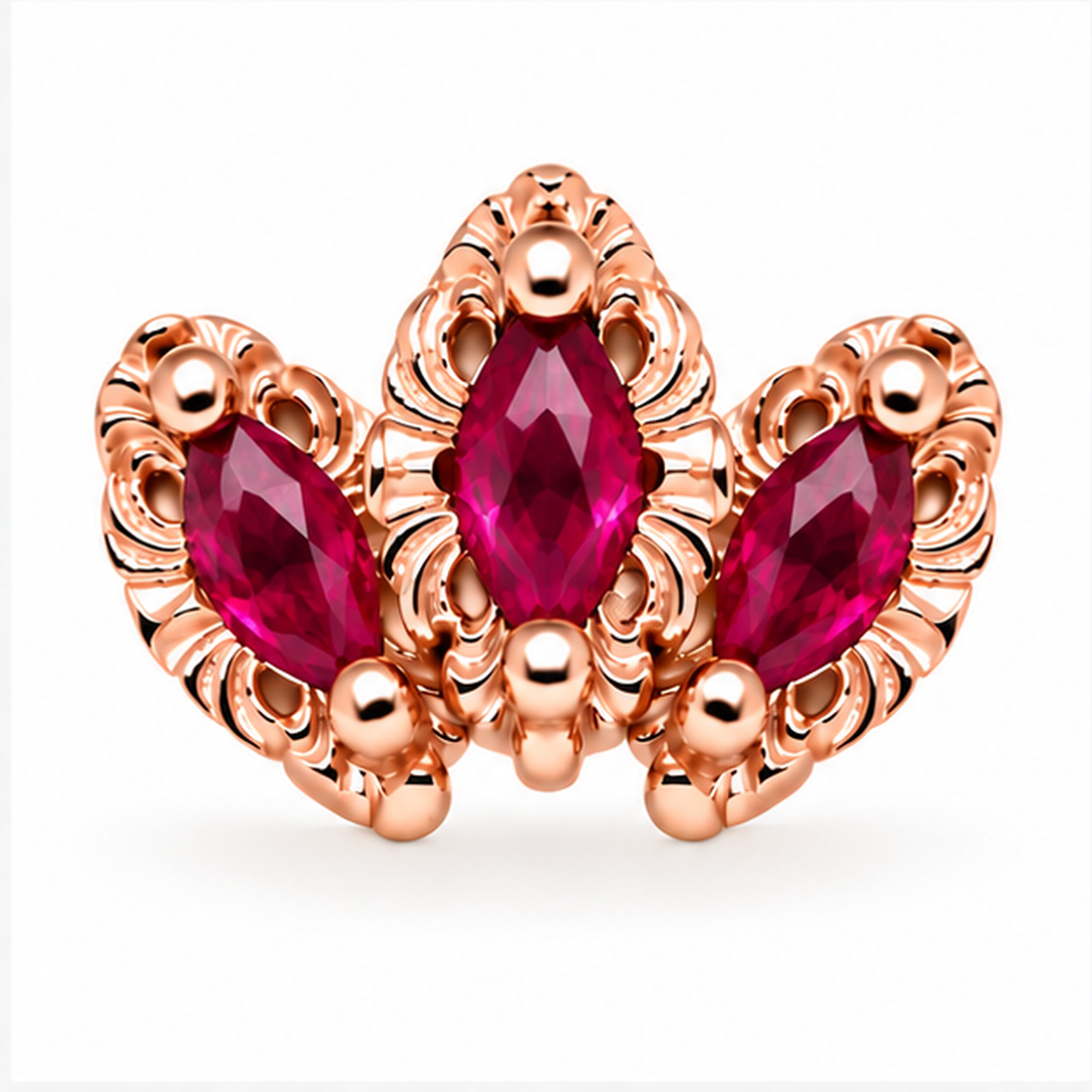 AuAdore Baroque Lab Ruby 16g threaded end in 14k rose gold with three marquise lab ruby stones