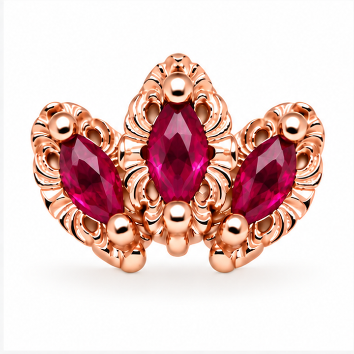 AuAdore Baroque Lab Ruby 16g threaded end in 14k rose gold with three marquise lab ruby stones