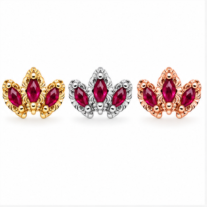 AuAdore Baroque Lab Ruby 16g threaded ends in yellow, white and rose gold, left to right