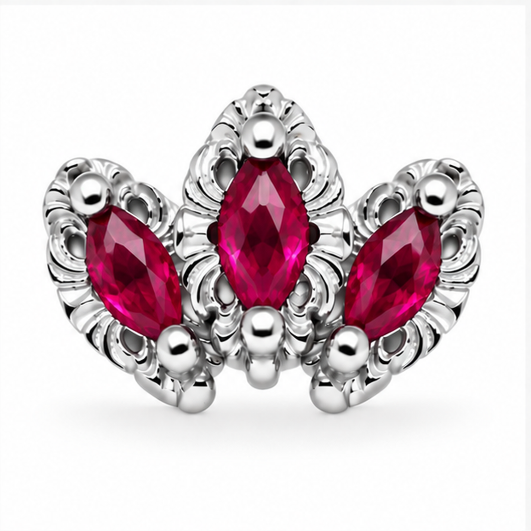 AuAdore Baroque Lab Ruby 16g threaded end in 14k white gold with three marquise lab ruby stones