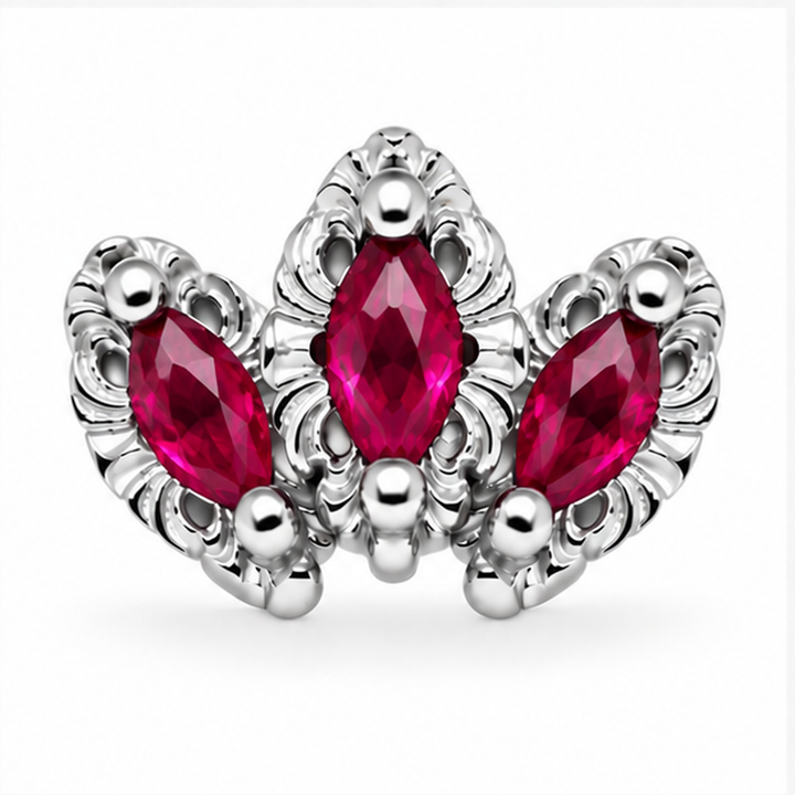 AuAdore Baroque Lab Ruby 16g threaded end in 14k white gold with three marquise lab ruby stones