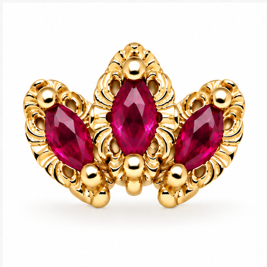 AuAdore Baroque Lab Ruby 16g threaded end in 14k yellow gold with three marquise lab ruby stones