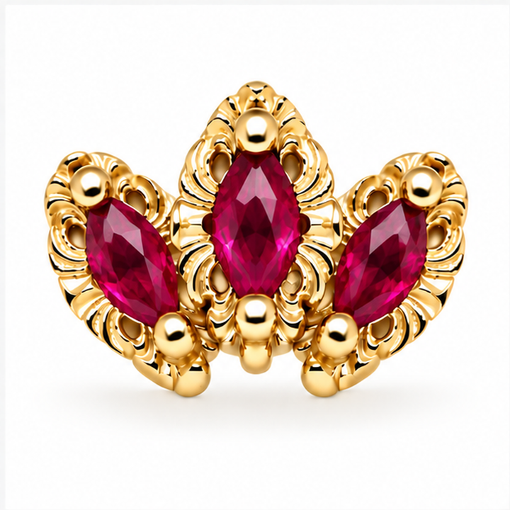 AuAdore Baroque Lab Ruby 16g threaded end in 14k yellow gold with three marquise lab ruby stones