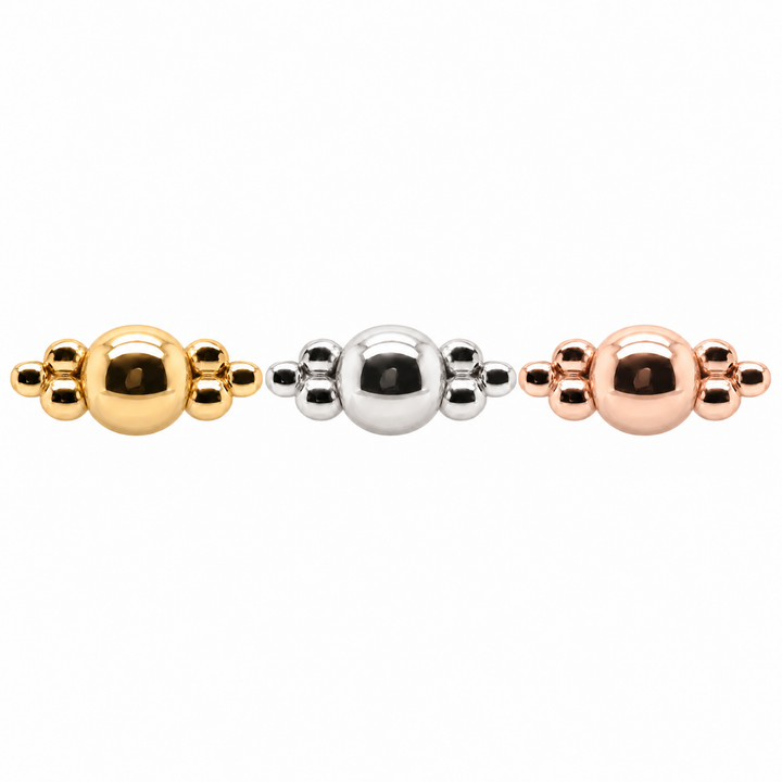AuAdore Beaded Double Tribead Threadless End shown in 14k yellow gold, white gold, and rose gold on a white background.