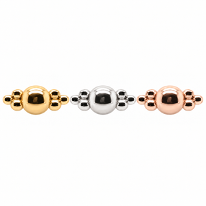 AuAdore Beaded Double Tribead Threadless End shown in 14k yellow gold, white gold, and rose gold on a white background.