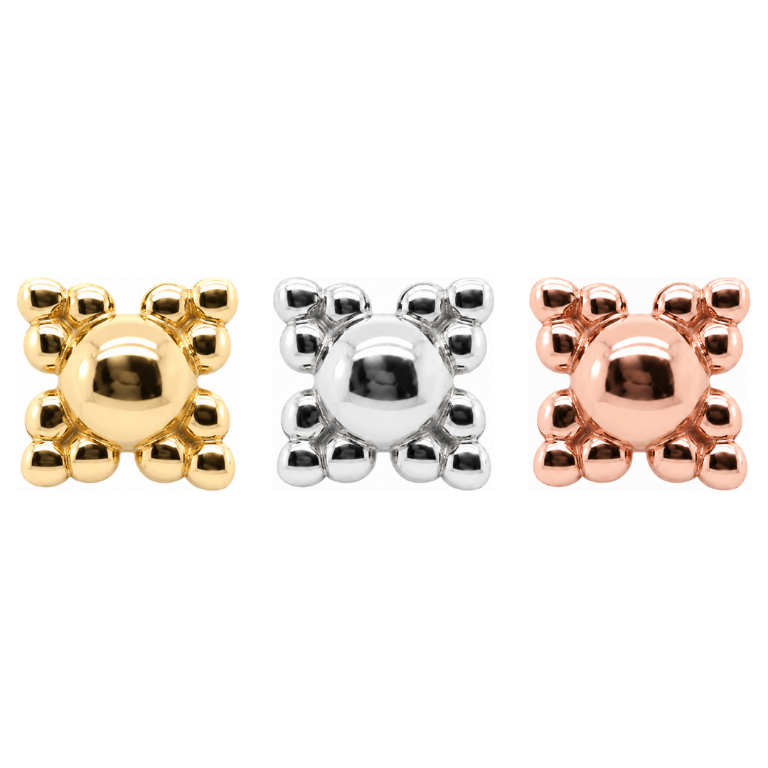 AuAdore Beaded Quad Threadless End shown in 14k yellow gold, white gold, and rose gold on a white background.