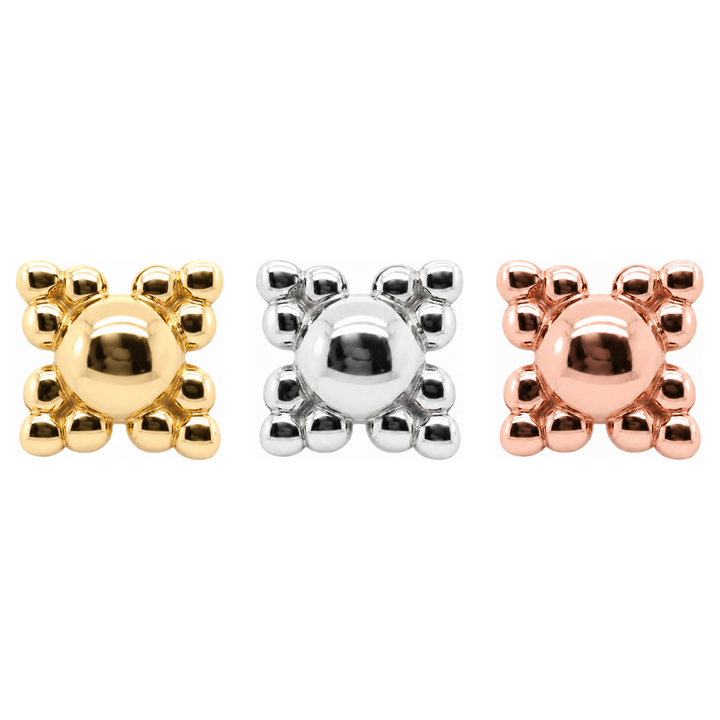 AuAdore Beaded Quad Threadless End shown in 14k yellow gold, white gold, and rose gold on a white background.