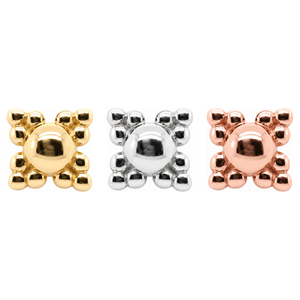 AuAdore Beaded Quad Threadless End shown in 14k yellow gold, white gold, and rose gold on a white background.