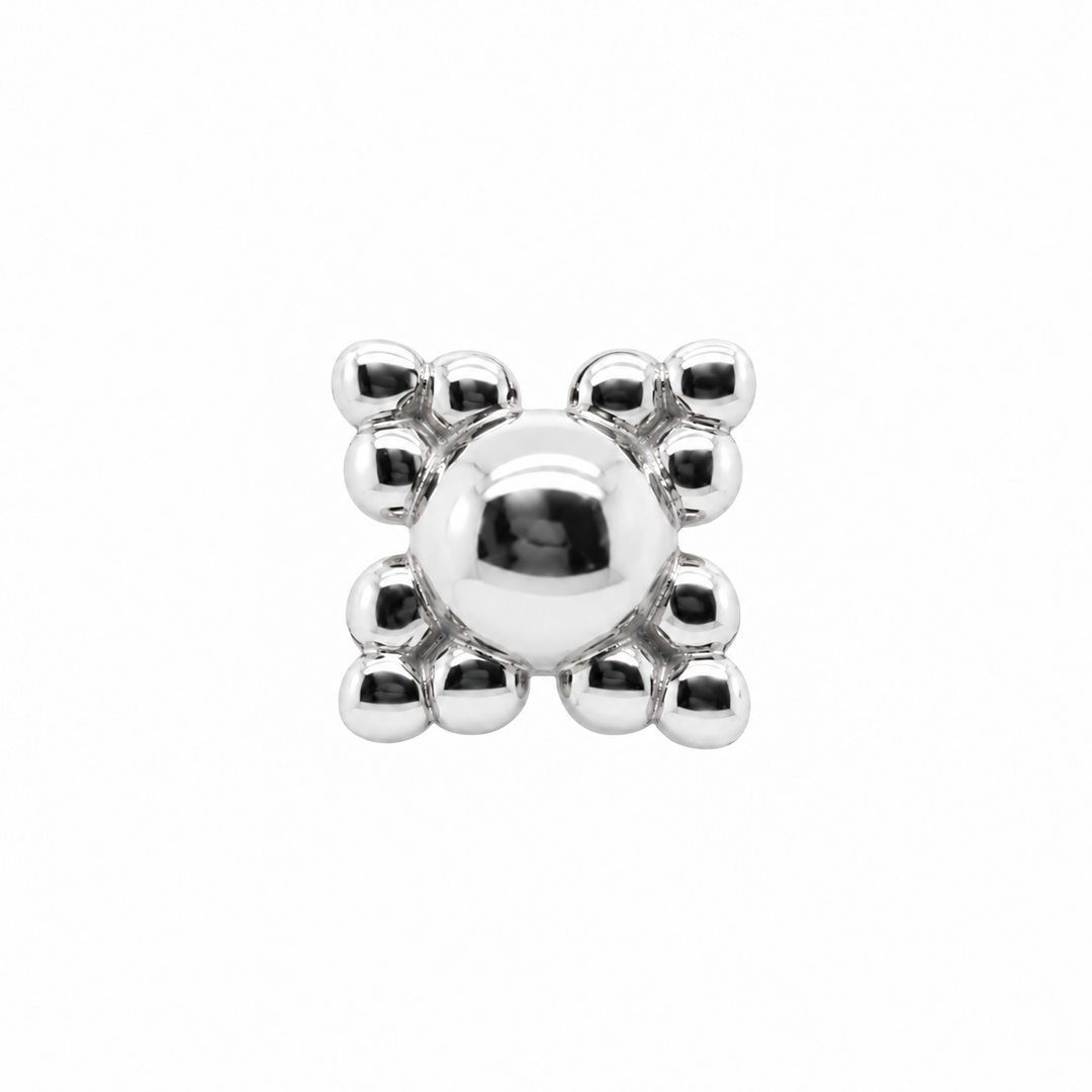 AuAdore Beaded Quad Threadless End in polished 14k white gold on a white background.