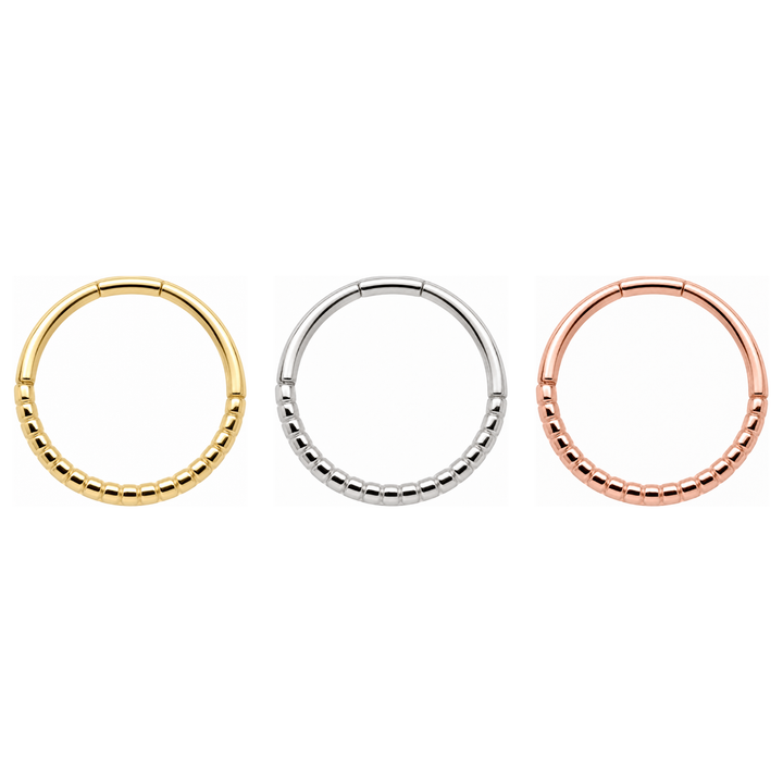 AuAdore Beaded Seam Ring 16g shown in 14k yellow gold, white gold, and rose gold on a white background.