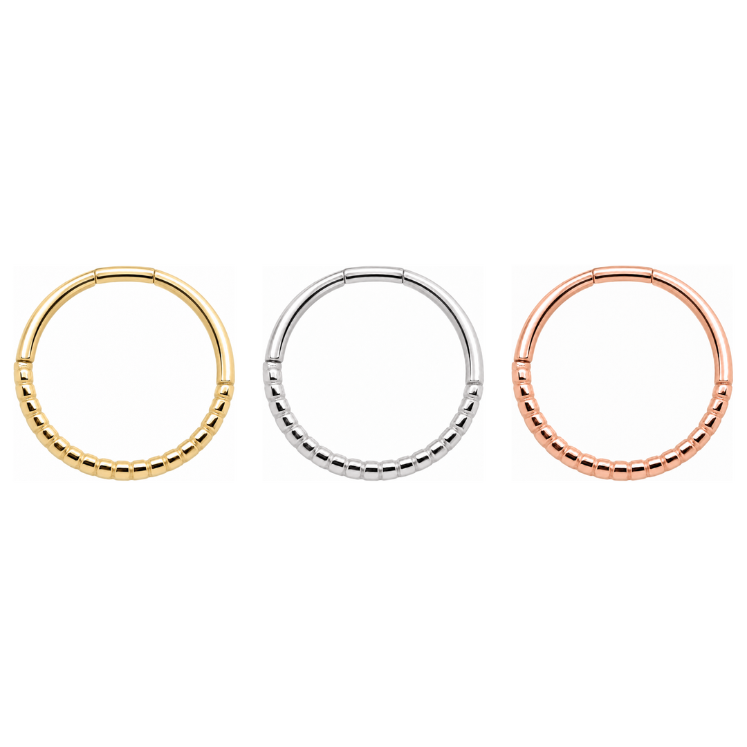 AuAdore Beaded Seam Ring 18g shown in 14k yellow gold, white gold, and rose gold on a white background.