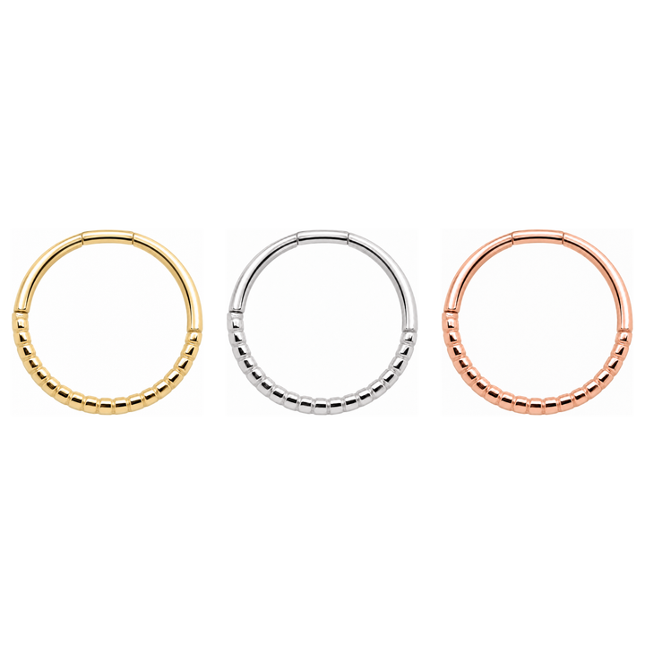 AuAdore Beaded Seam Ring 18g shown in 14k yellow gold, white gold, and rose gold on a white background.