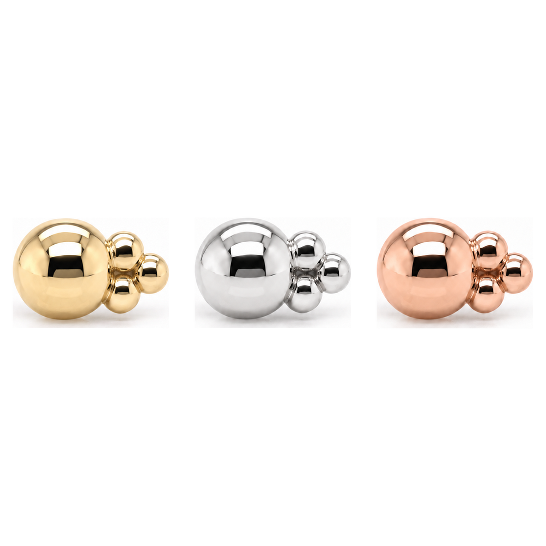 AuAdore Beaded Tribead Threadless End shown in 14k yellow gold, white gold, and rose gold on a white background.