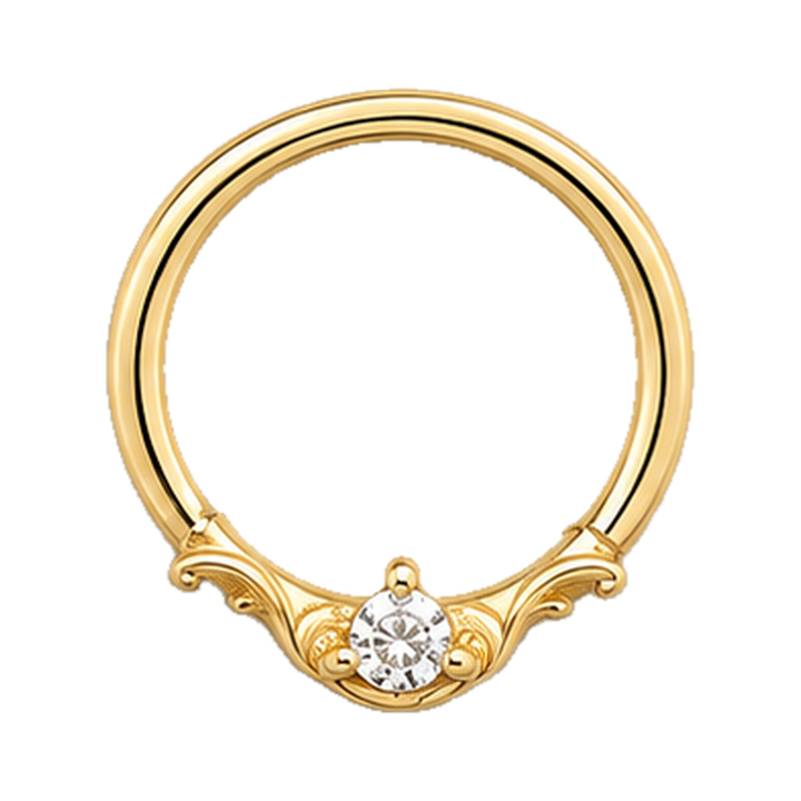 AuAdore Bishop CZ ring in 14k yellow gold, centered on white, with the original clear center stone and filigree.