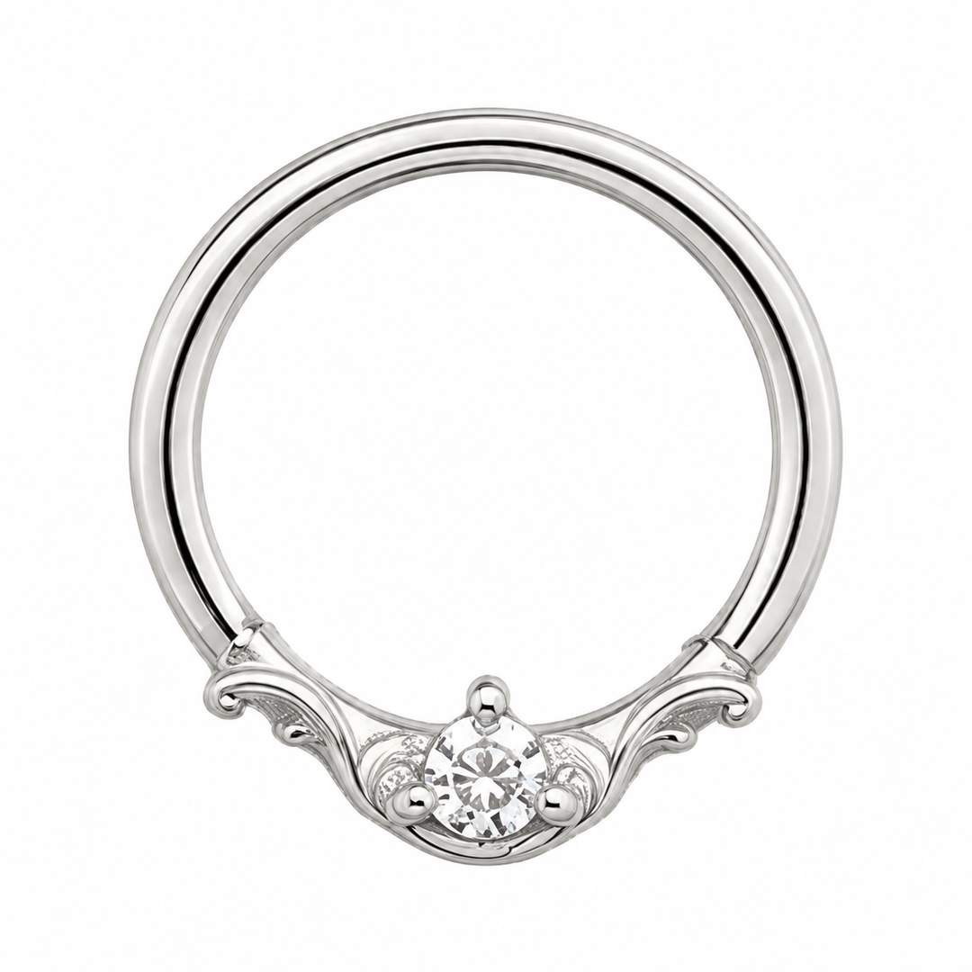AuAdore Bishop CZ ring in 14k white gold with a clear round center stone, matching white-gold prongs and filigree, on white.