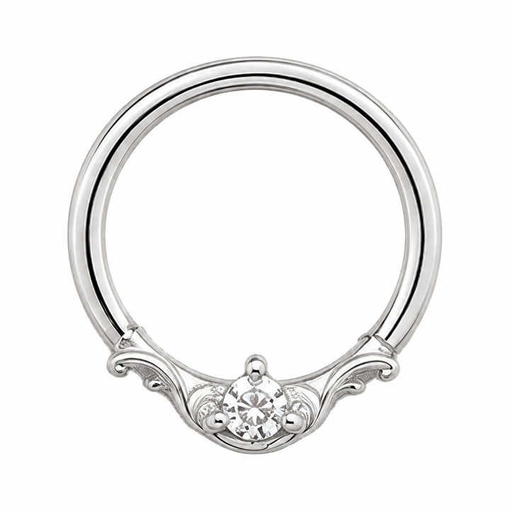 AuAdore Bishop CZ ring in 14k white gold with a clear round center stone, matching white-gold prongs and filigree, on white.