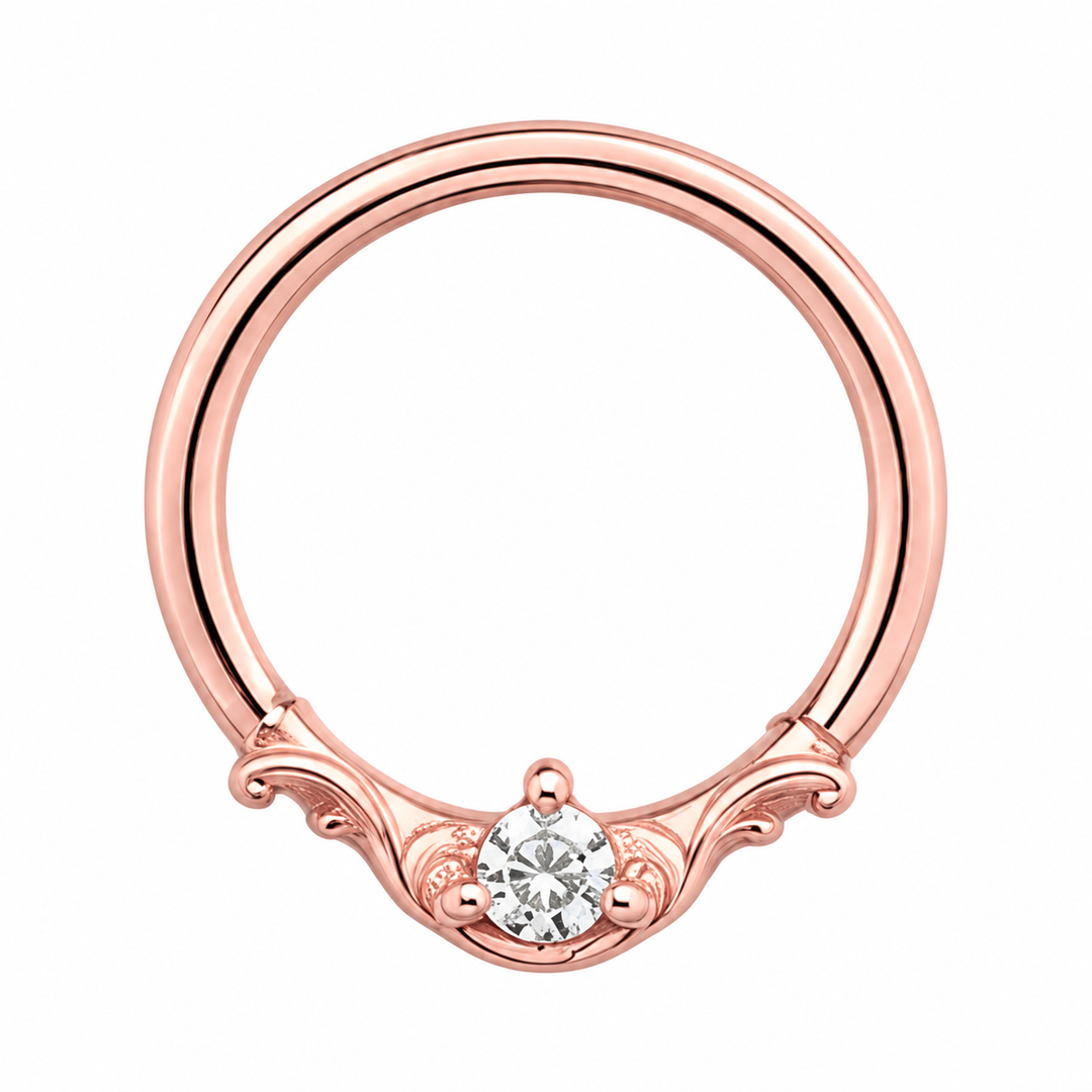 AuAdore Bishop CZ ring in 14k rose gold with a clear round center stone, matching rose-gold prongs and filigree, on white.