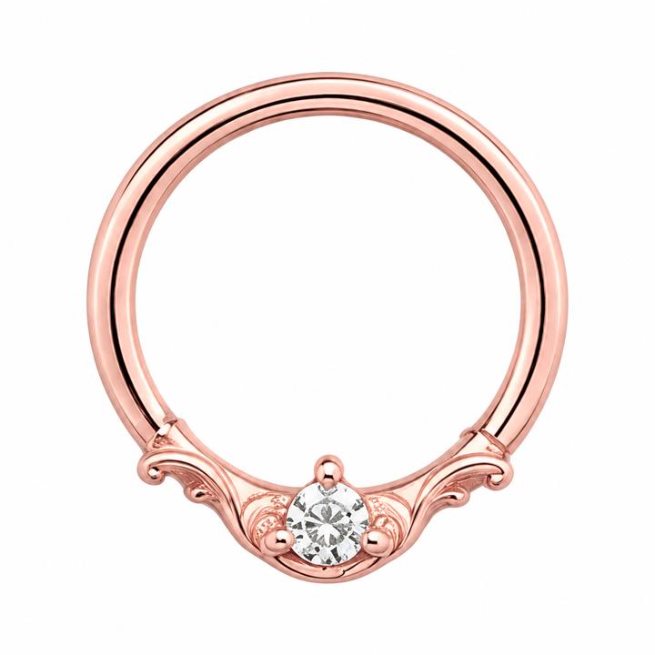 AuAdore Bishop CZ ring in 14k rose gold with a clear round center stone, matching rose-gold prongs and filigree, on white.