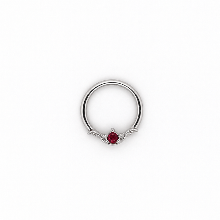 AuAdore Bishop Lab Ruby ring in 14k white gold with a red round gemstone and matching white-gold prongs and filigree on white.