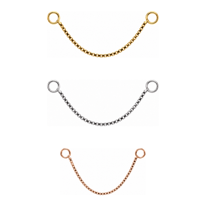 AuAdore Box Chain shown in 14k yellow gold, white gold, and rose gold on a white background.