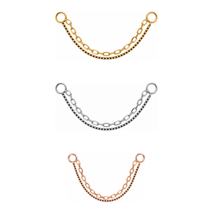 AuAdore Cherished Chain shown in 14k yellow gold, white gold, and rose gold on a white background.