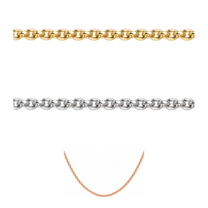 AuAdore Connection Gold Chain shown in 14k yellow gold, white gold, and rose gold on a white background.