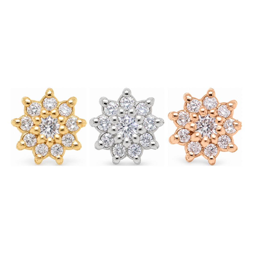 Dahlia Diamond Threadless End 14k AuAdore — Yellow, White, and Rose Gold comparison