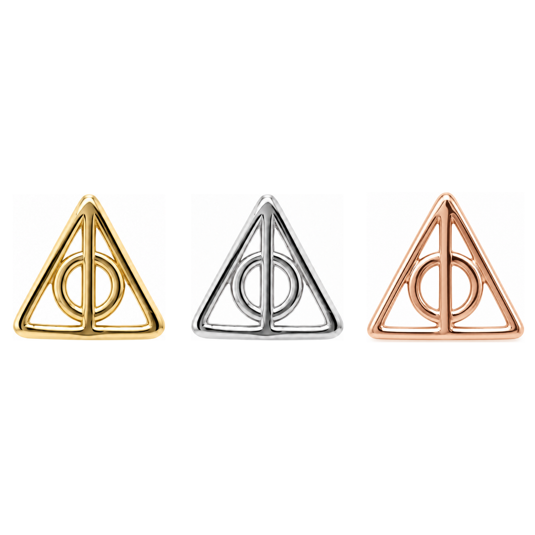 AuAdore Deathly Hallows Threadless End shown in 14k yellow gold, white gold, and rose gold on a white background.