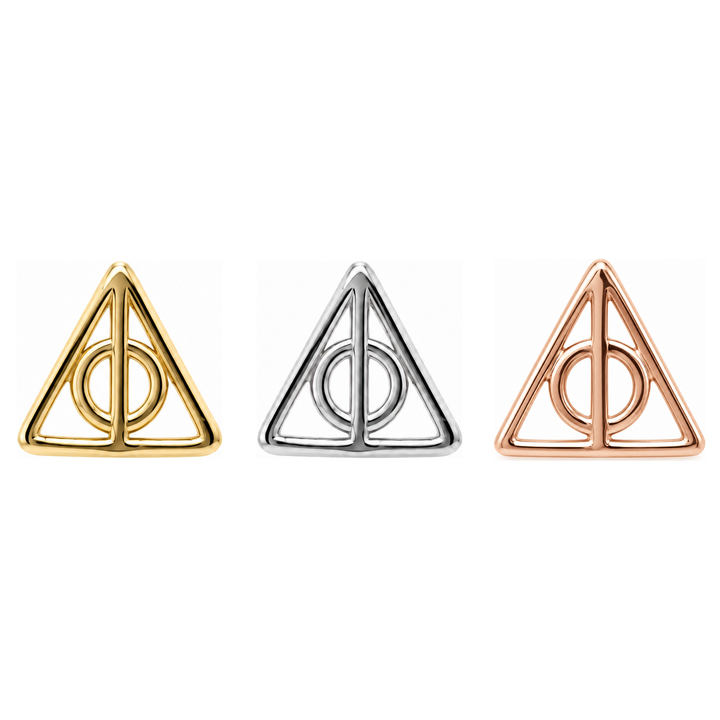 AuAdore Deathly Hallows Threadless End shown in 14k yellow gold, white gold, and rose gold on a white background.