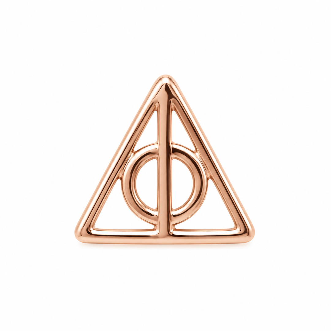 AuAdore Deathly Hallows Threadless End in polished 14k rose gold on a white background.