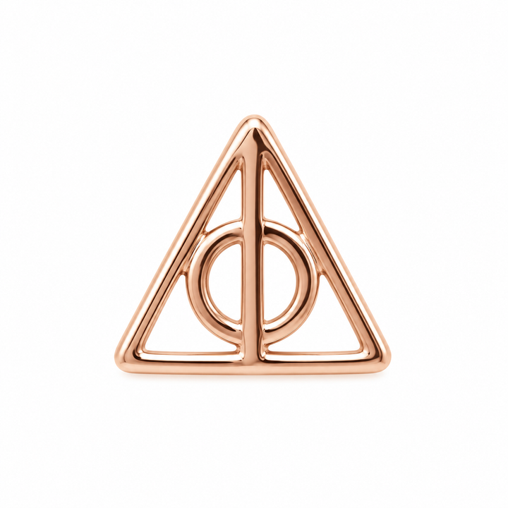 AuAdore Deathly Hallows Threadless End in polished 14k rose gold on a white background.