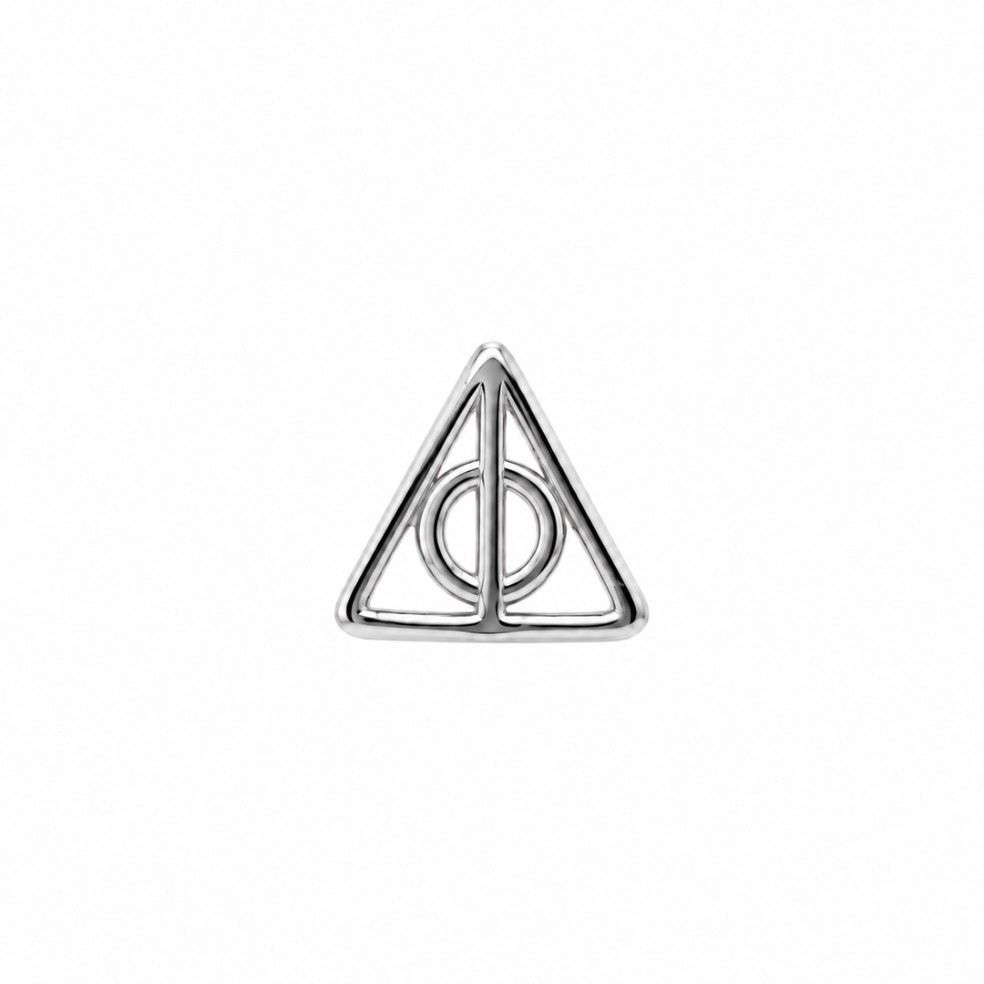 AuAdore Deathly Hallows Threadless End in polished 14k white gold on a white background.