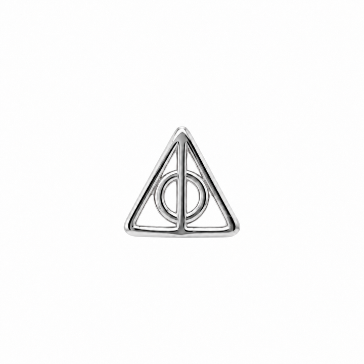 AuAdore Deathly Hallows Threadless End in polished 14k white gold on a white background.