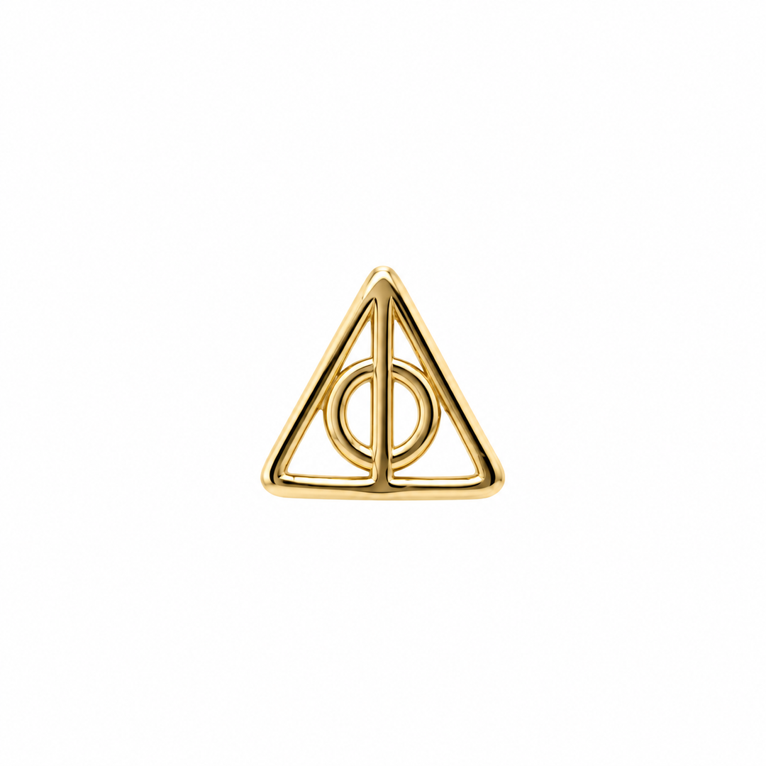 AuAdore Deathly Hallows Threadless End in polished 14k yellow gold on a white background.