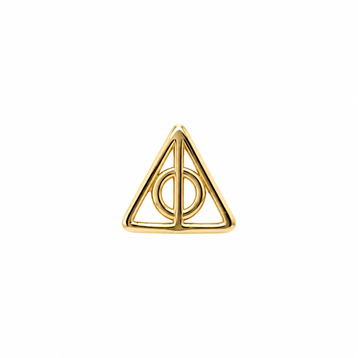 AuAdore Deathly Hallows Threadless End in polished 14k yellow gold on a white background.