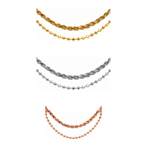 AuAdore Family Ties Double Chain shown in 14k yellow gold, white gold, and rose gold on a white background.