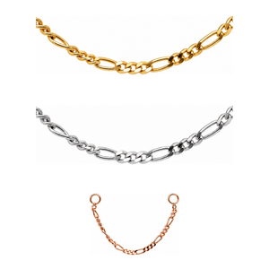 AuAdore Figaro Chain shown in 14k yellow gold, white gold, and rose gold on a white background.
